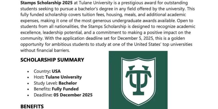 Tulane University Bachelor Scholarship in USA 2026 (Fully Funded)